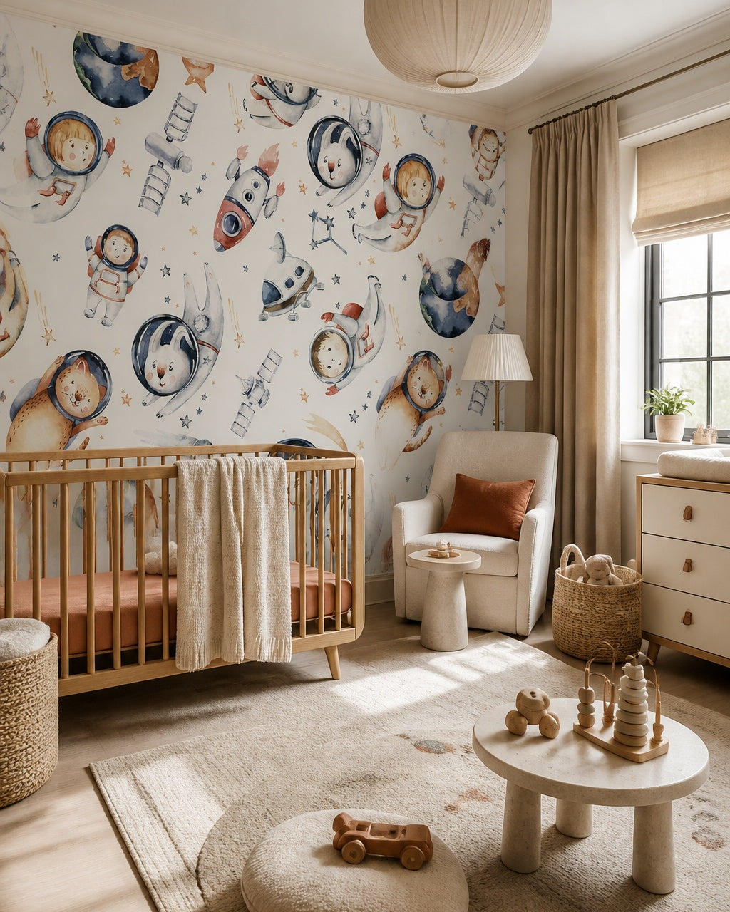 Animal astronaut adventures kids room wallpaper in a modern nursery with a crib.