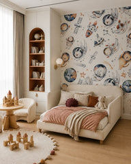 Animal astronaut adventures kids room wallpaper in a toddler bedroom with a child-sized bed.