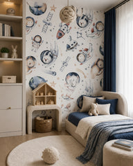 Animal astronaut adventures kids room wallpaper in a girl’s bedroom.