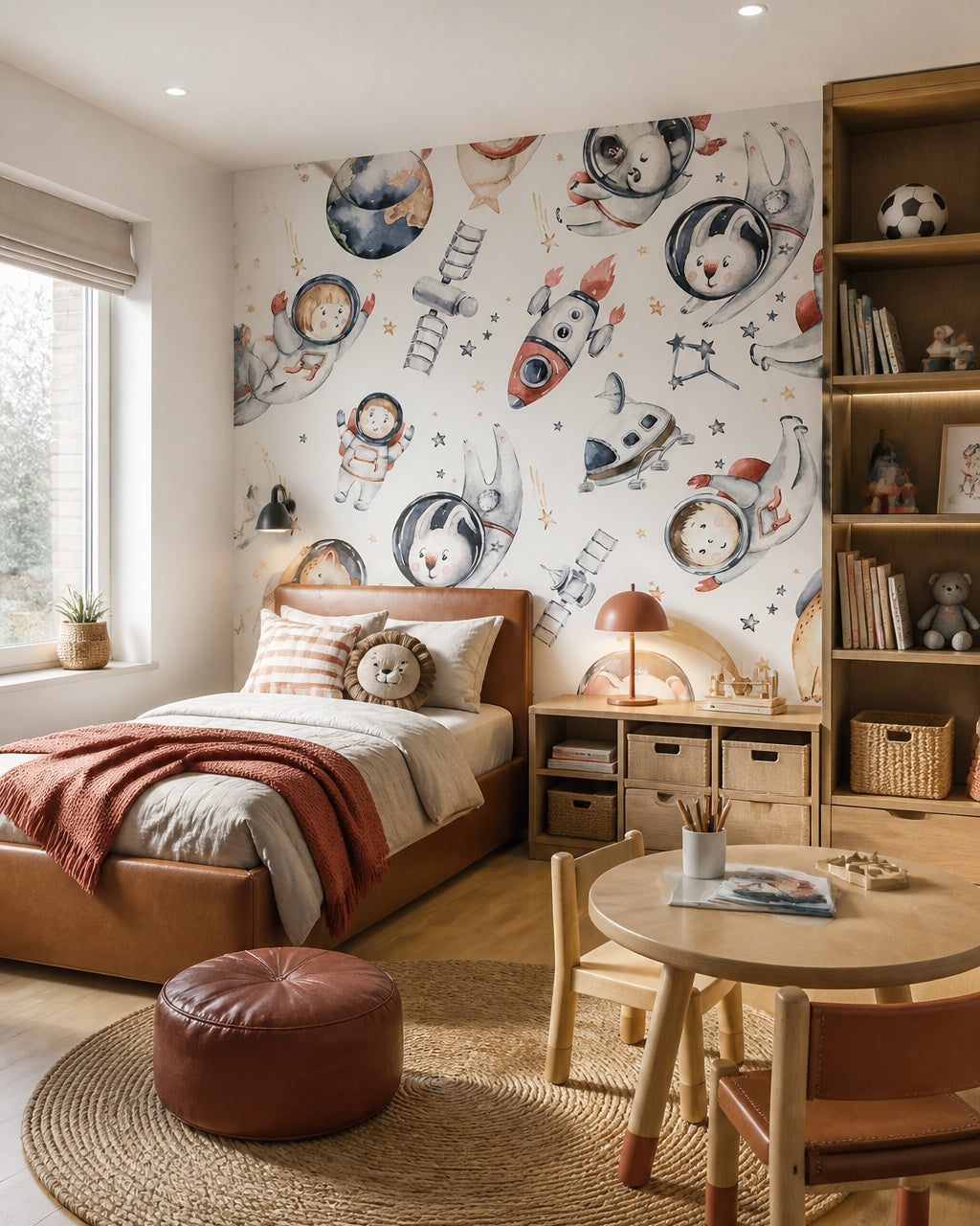 Animal astronaut adventures kids room wallpaper in a boy’s bedroom.