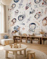 Animal astronaut adventures kids room wallpaper in a children’s playroom.