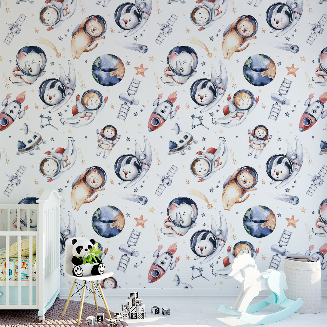 Watercolor kids room wallpaper with animal astronauts, children, rockets, satellites, planets, comets, and stars on a pale blue background.