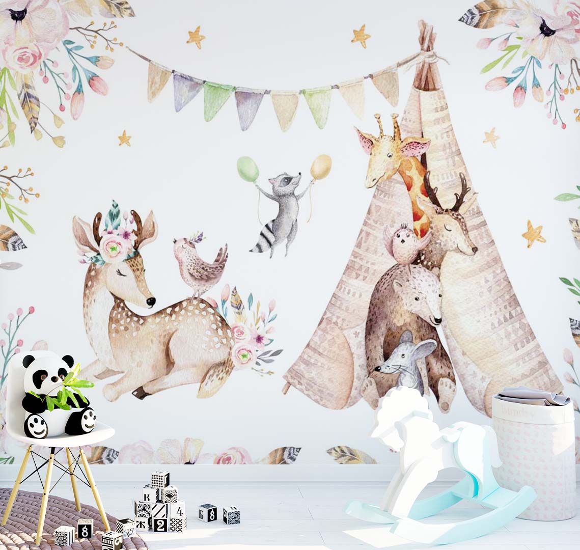 Kids Wall Mural Woodland Animals Nursery Forest Wallpaper