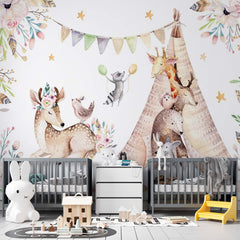 Custom Kids Wall Mural Woodland Animals Nursery Forest Wallpaper