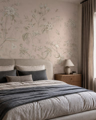 Vintage botanical garden wallpaper in a designer bedroom.