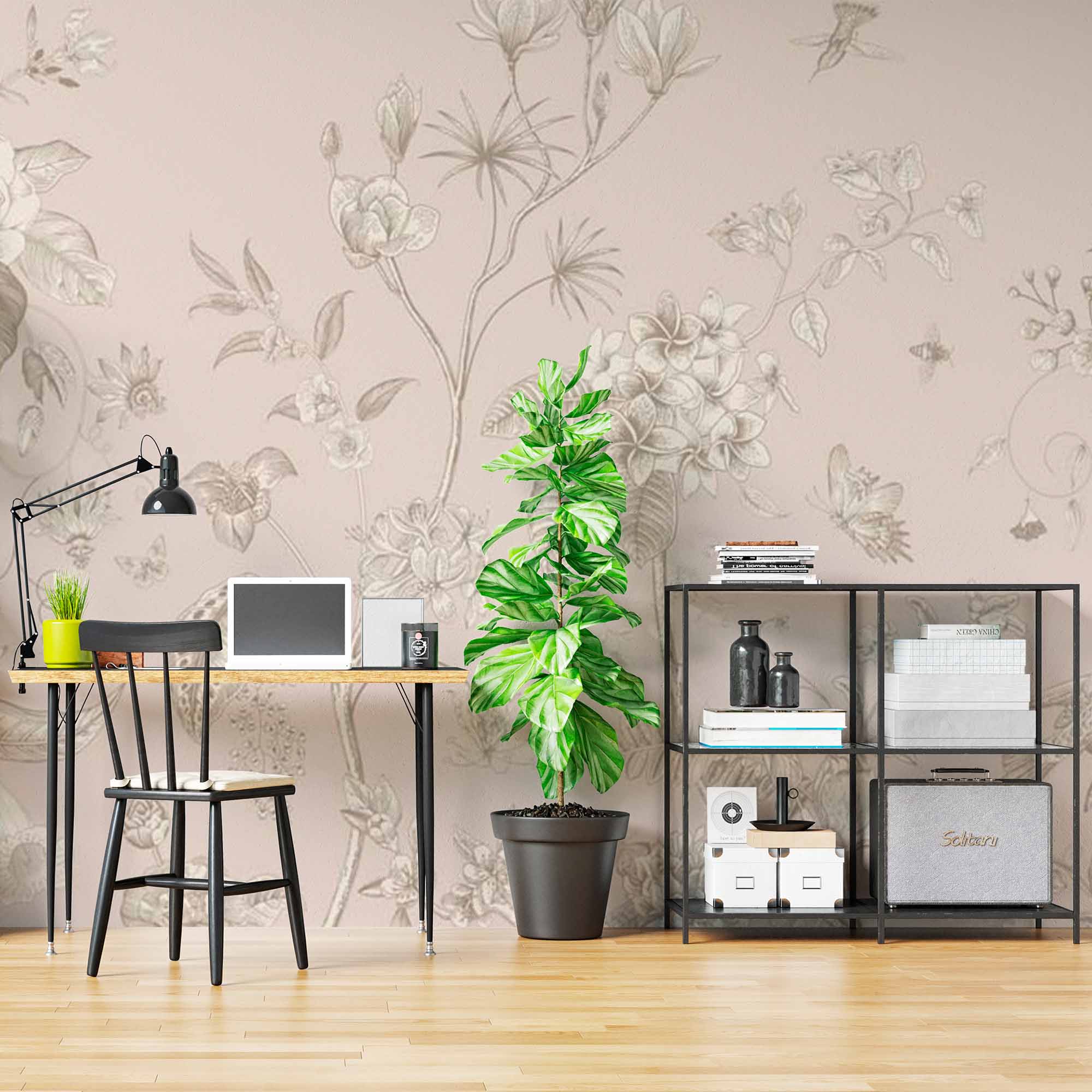 Vintage Botanical Garden Wall Mural - Elegant Beige Floral and Bird Design Wallpaper