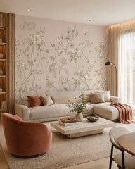 Vintage botanical garden wallpaper in a designer living room.