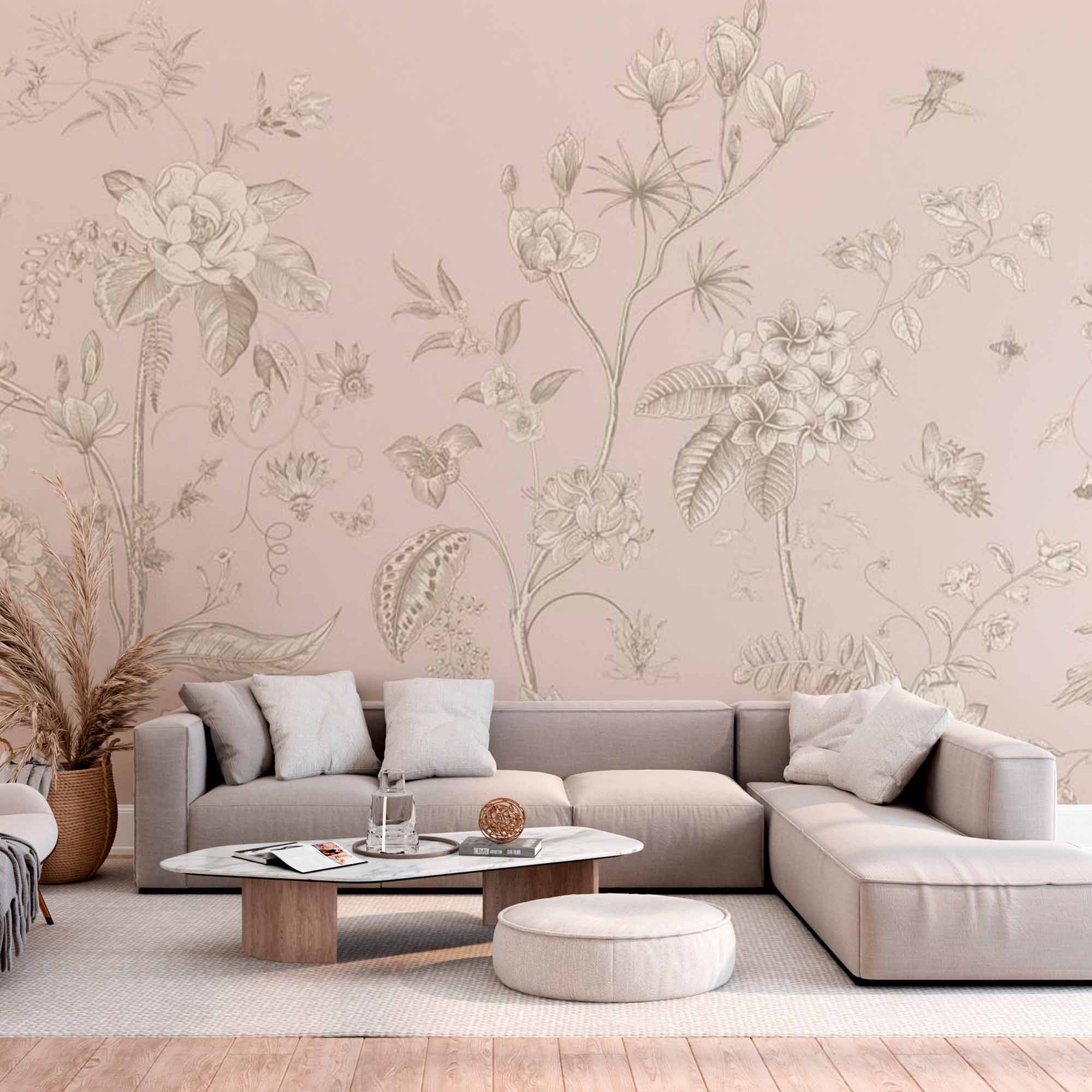 Vintage Botanical Garden Wall Mural - Elegant Beige Floral and Bird Design Wallpaper