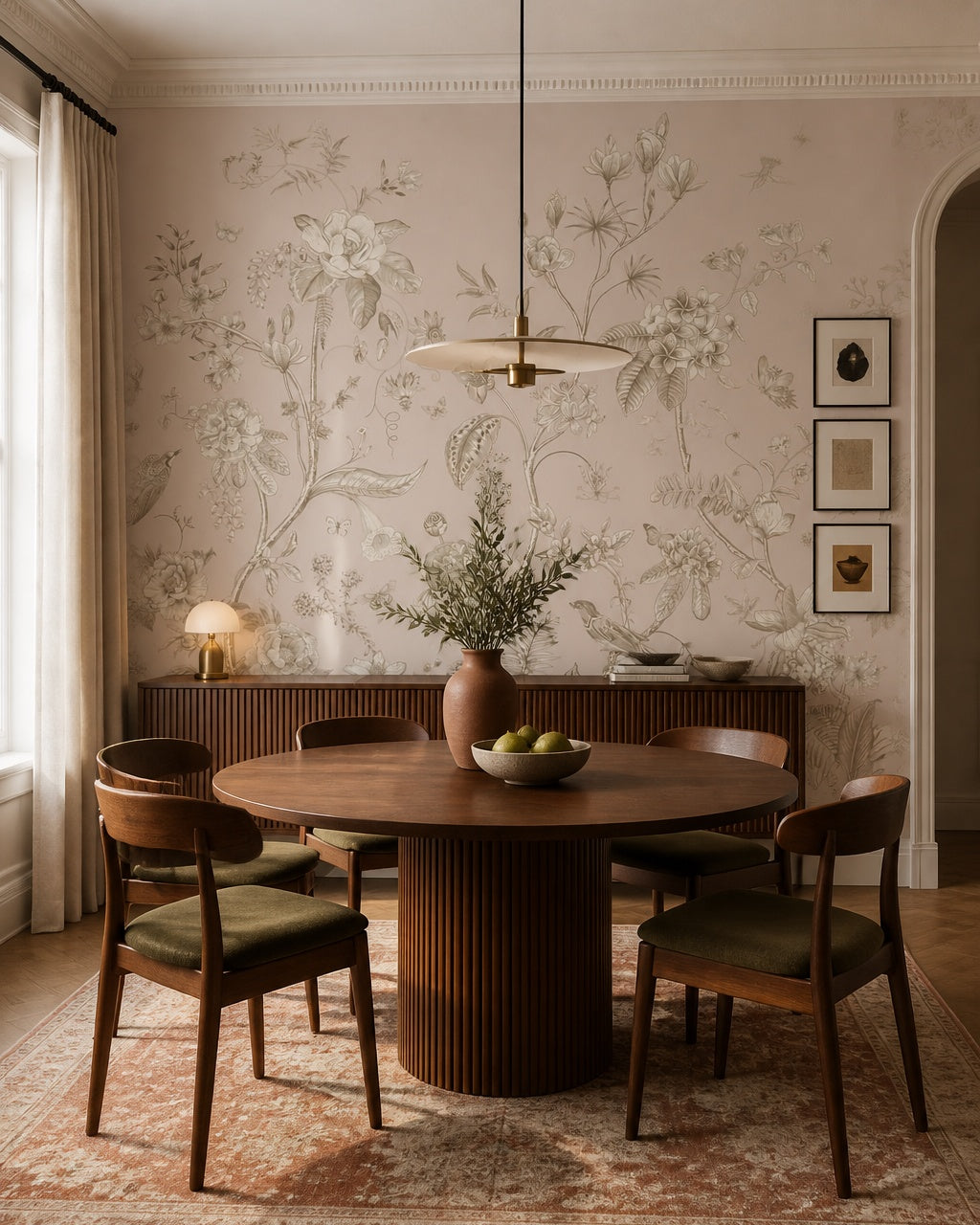 Vintage botanical garden wallpaper in a refined dining area.