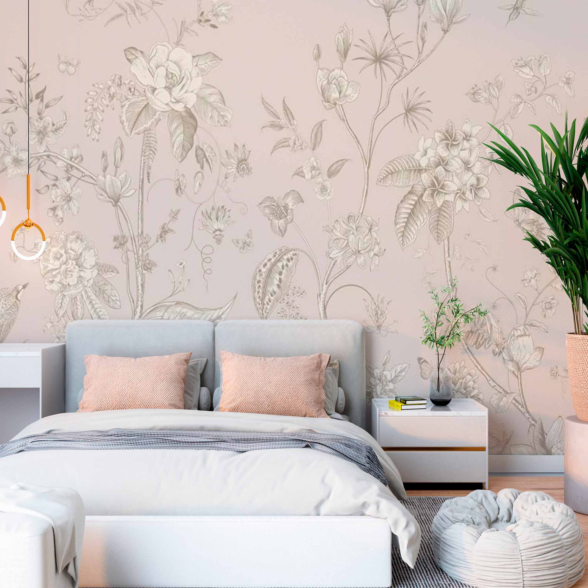 Vintage Botanical Garden Wall Mural - Elegant Beige Floral and Bird Design Wallpaper