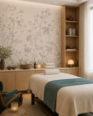 Vintage botanical garden wallpaper in a wellness spa.
