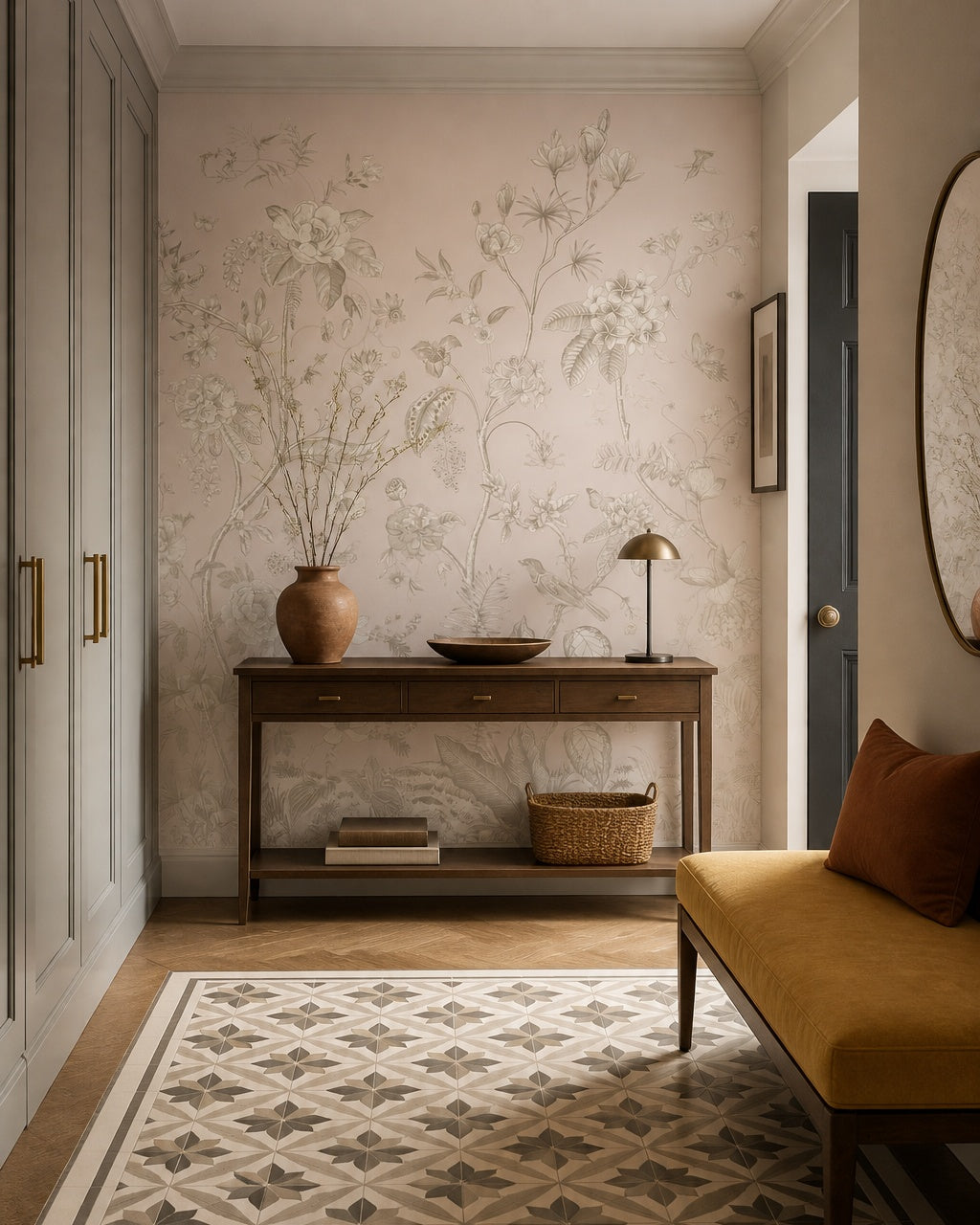 Vintage botanical garden wallpaper in a refined foyer.