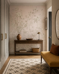 Vintage botanical garden wallpaper in a refined foyer.