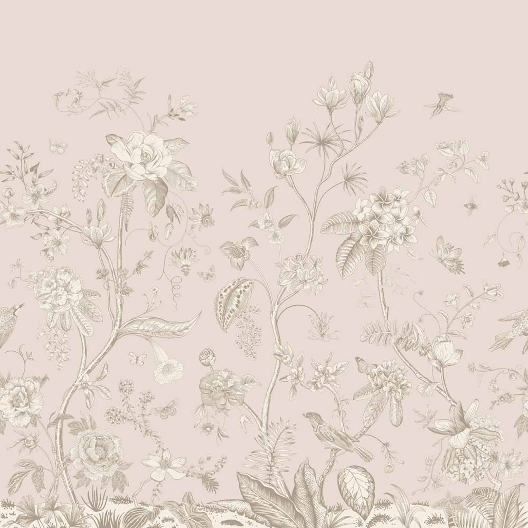 Vintage Botanical Garden Wall Mural - Elegant Beige Floral and Bird Design Wallpaper