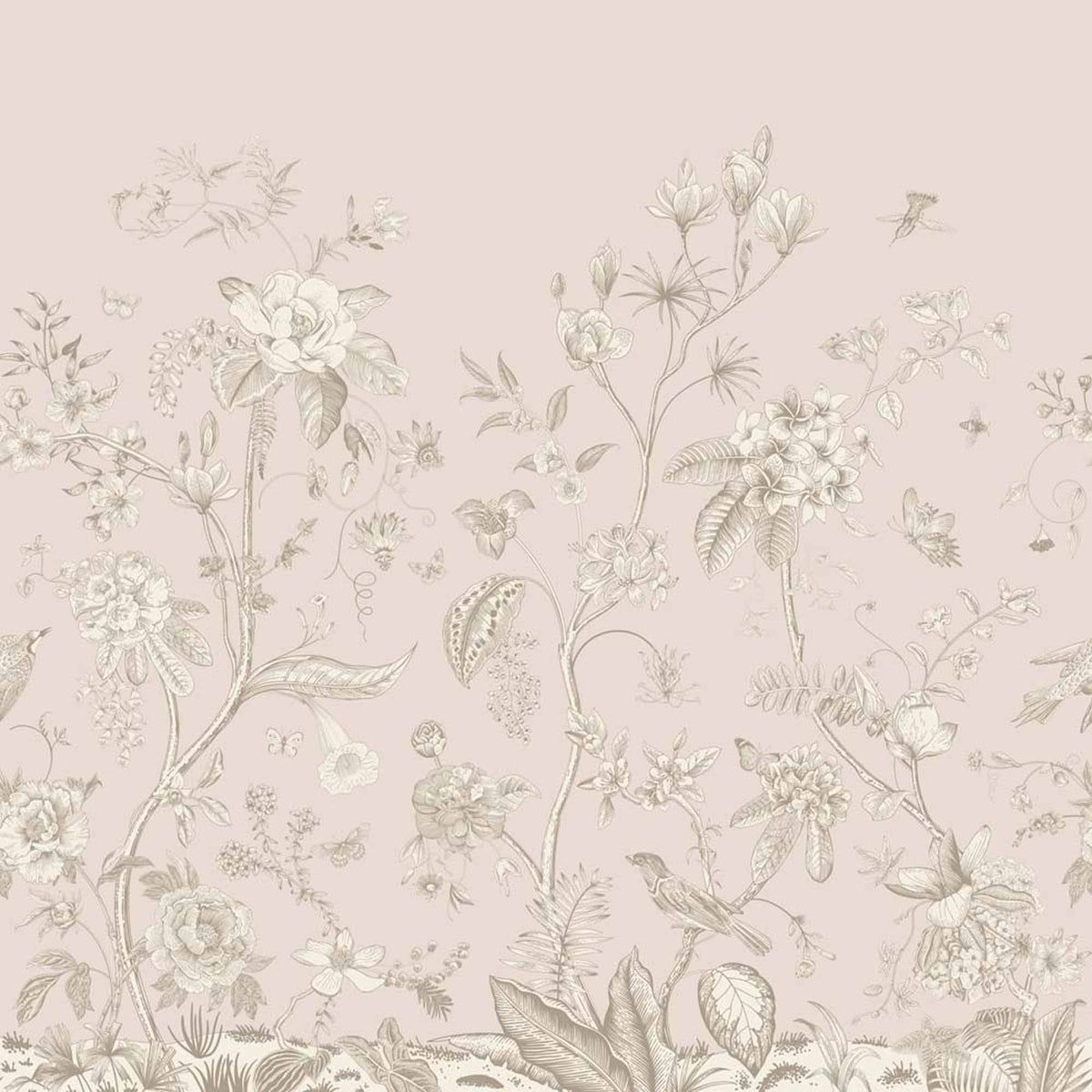 Vintage botanische tuin – beige bloemen en vogels op blush