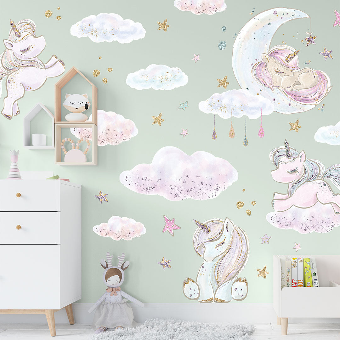 Unicorn Wall Stickers Pack - Kids Wall Decals with Glitter Stars and Clouds