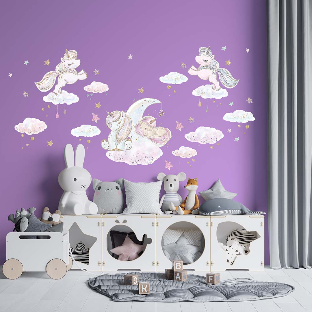 Unicorn Wall Stickers Pack - Kids Wall Decals with Glitter Stars and Clouds