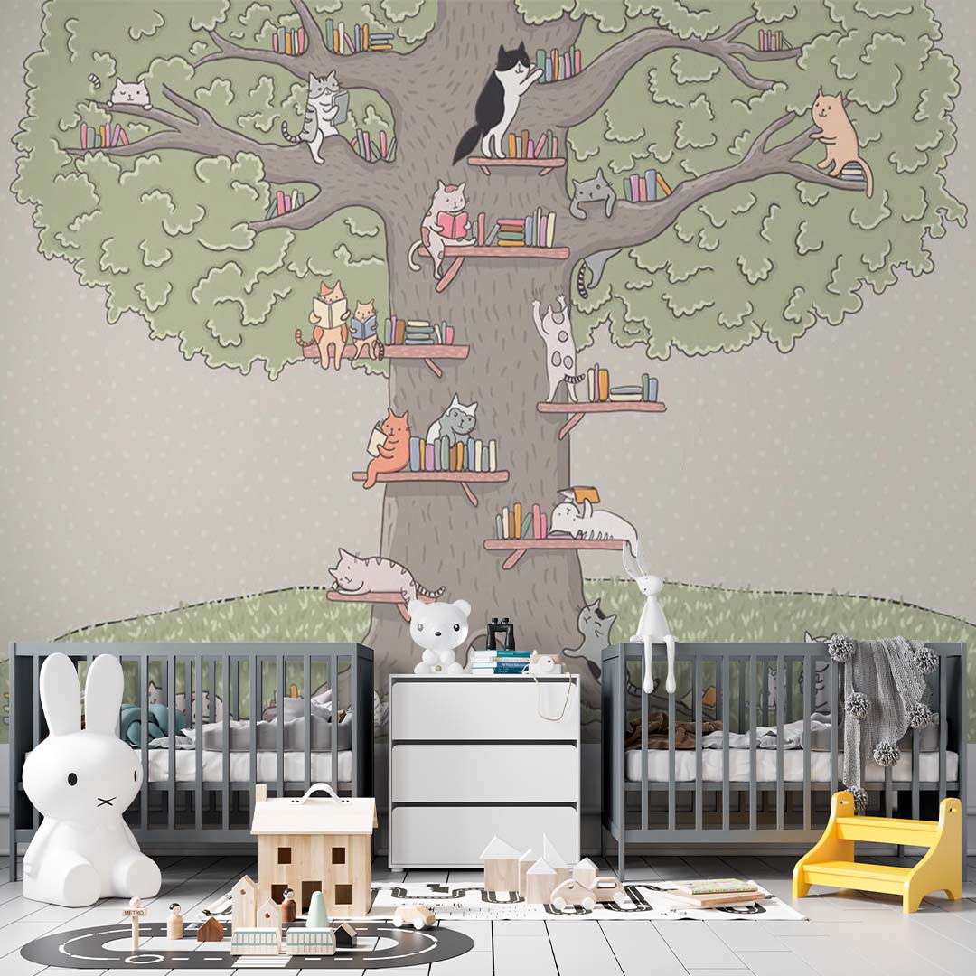 Custom Size Kids Wall Mural Tree of Life Cats Minimal Design