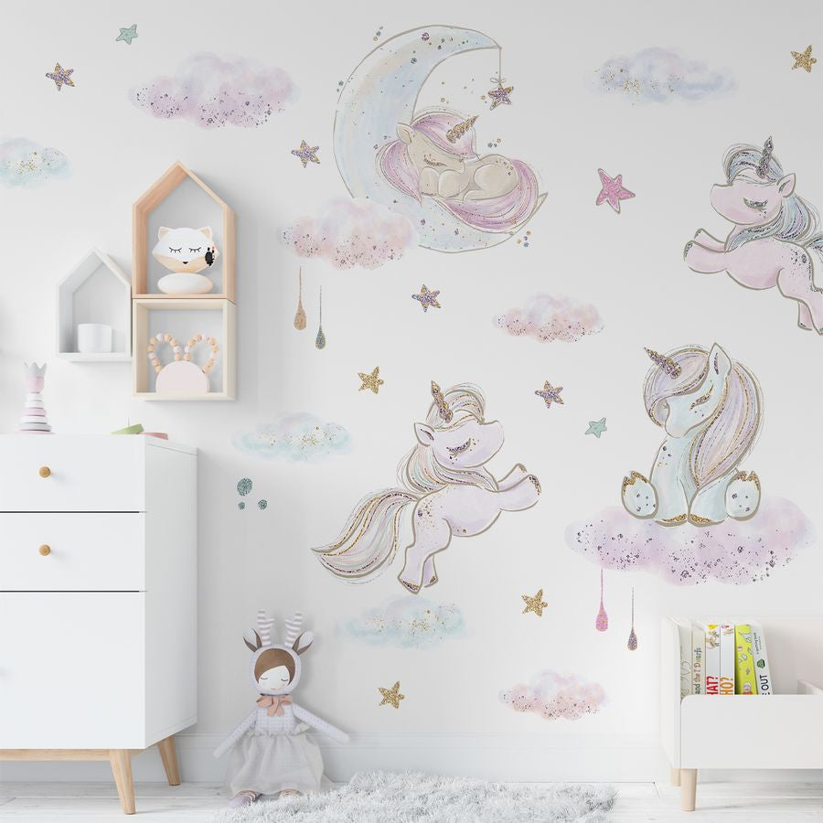 Unicorn Wall Stickers Pack - Kids Wall Decals with Glitter Stars and Clouds