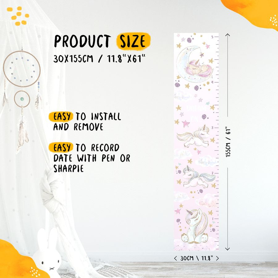 Kids' Growth Chart Peel and Stick Unicorns Rainbows Glittered Stars