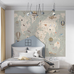 Custom World Map Wallpaper with Animals Kids Room Wall Mural