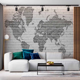 Modern Brick Wall World Map Mural Wallpaper in Monochrome