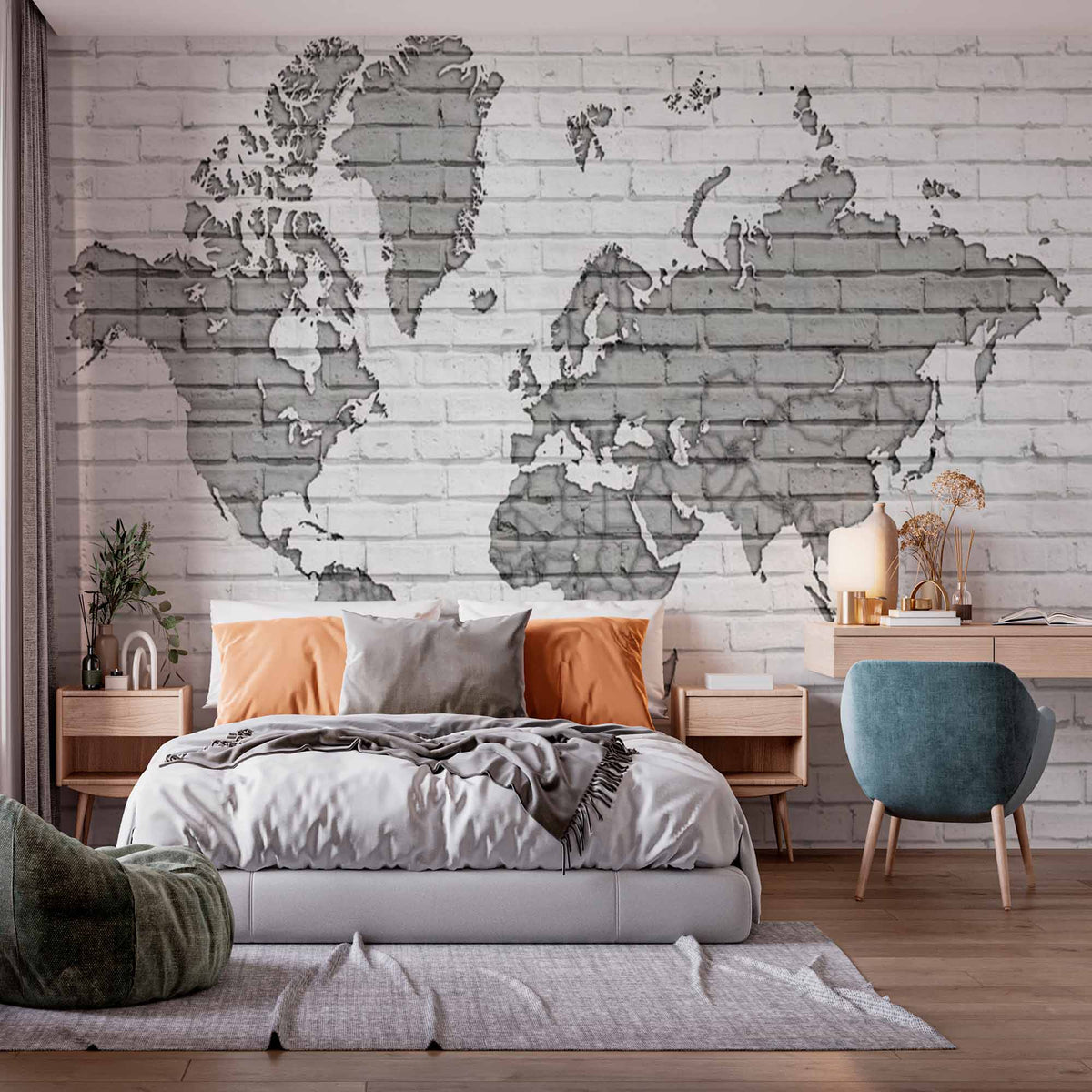 Modern Brick Wall World Map Mural Wallpaper in Monochrome