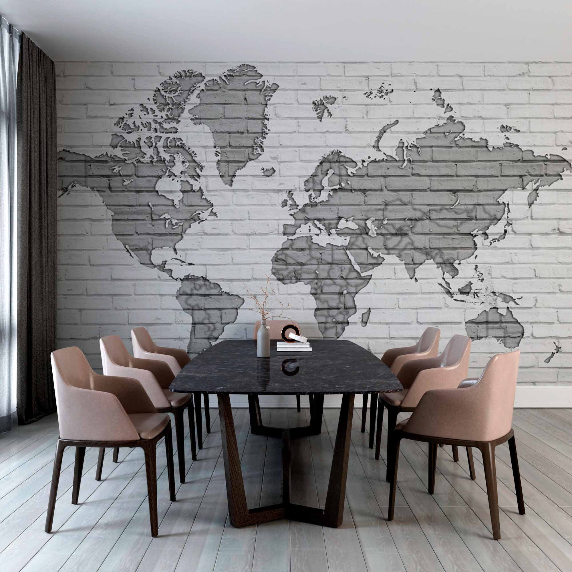 Modern Brick Wall World Map Mural Wallpaper in Monochrome