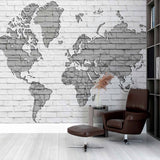 Modern Brick Wall World Map Mural Wallpaper in Monochrome