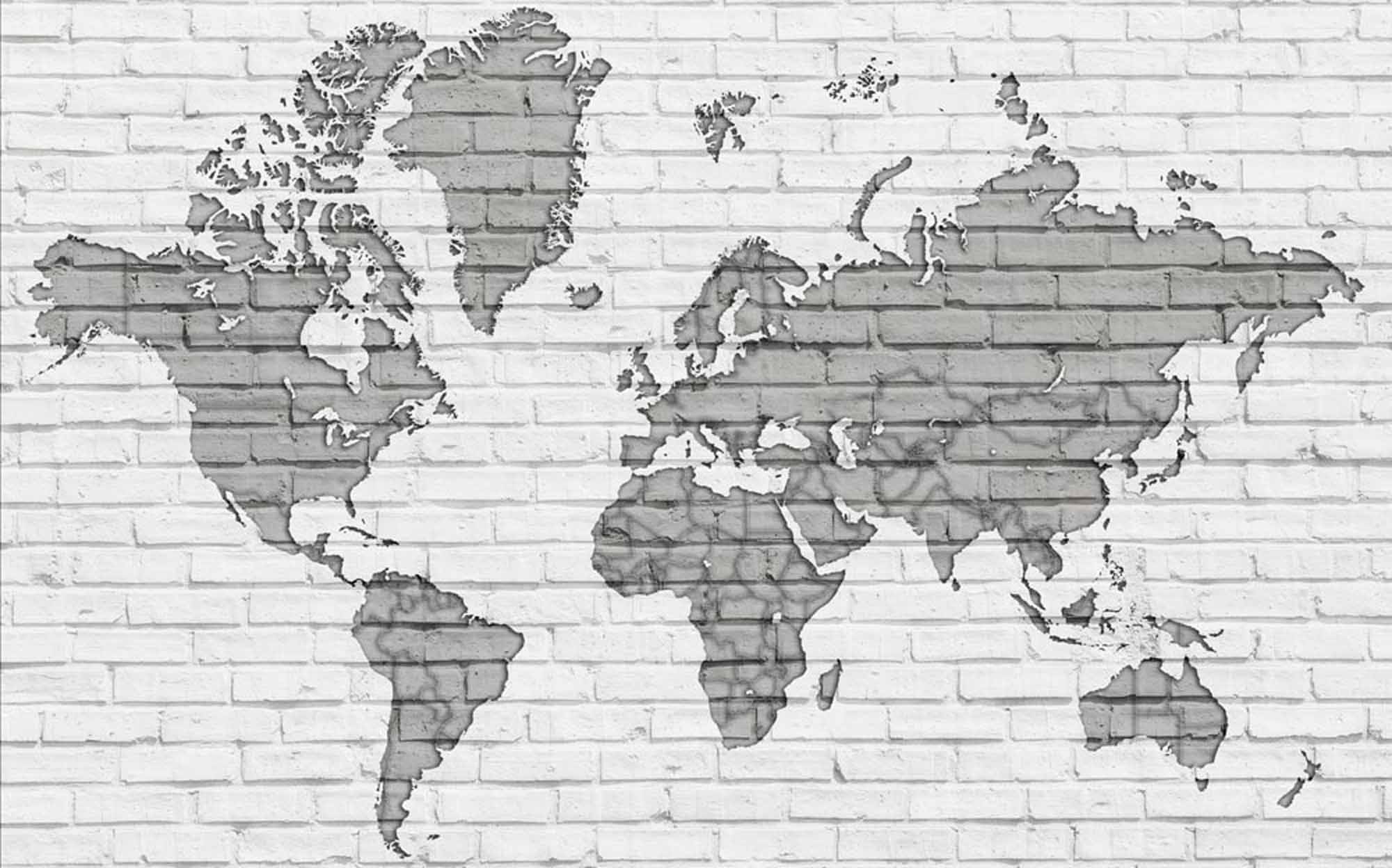 Modern Brick Wall World Map Mural Wallpaper in Monochrome