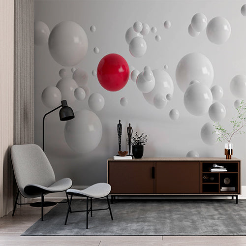 Minimalist 3D White and Red Spheres Wall Mural - Modern Abstract Design