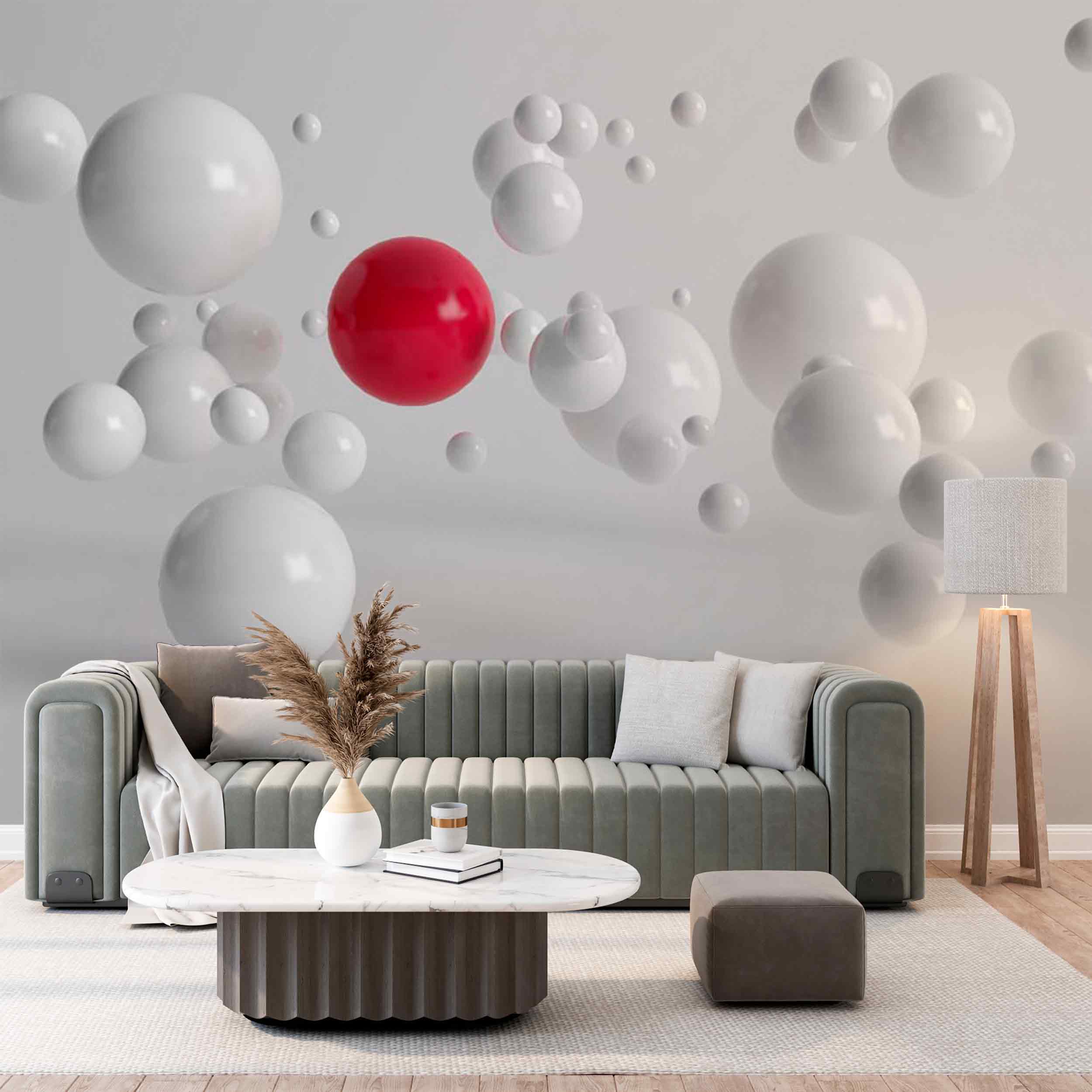 Minimalist 3D White and Red Spheres Wall Mural - Modern Abstract Design