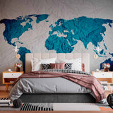 Crumpled Paper Texture World Map in Blue and White