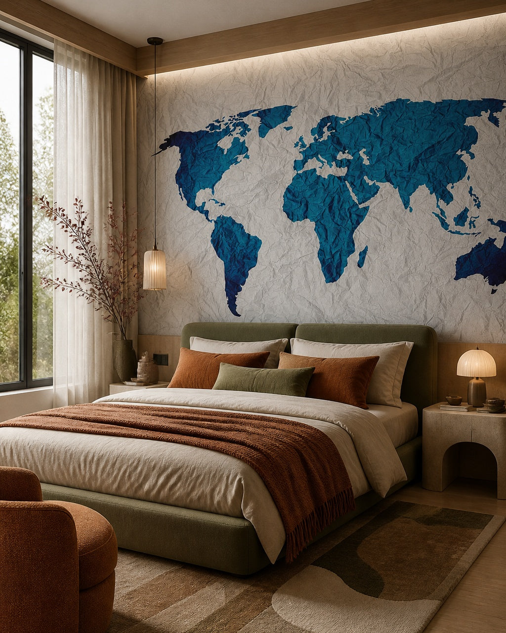 Crumpled paper world map wallpaper in a designer bedroom.