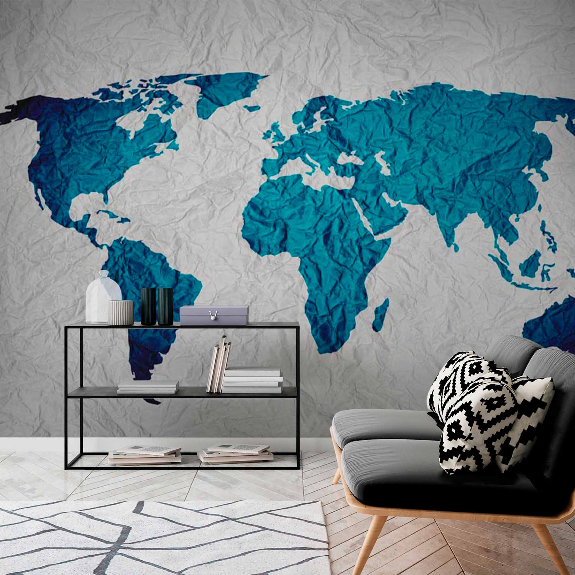 Custom Crumpled Paper Texture World Map in Blue and White – Lipastick