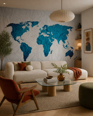 Crumpled paper world map wallpaper in a designer living room.
