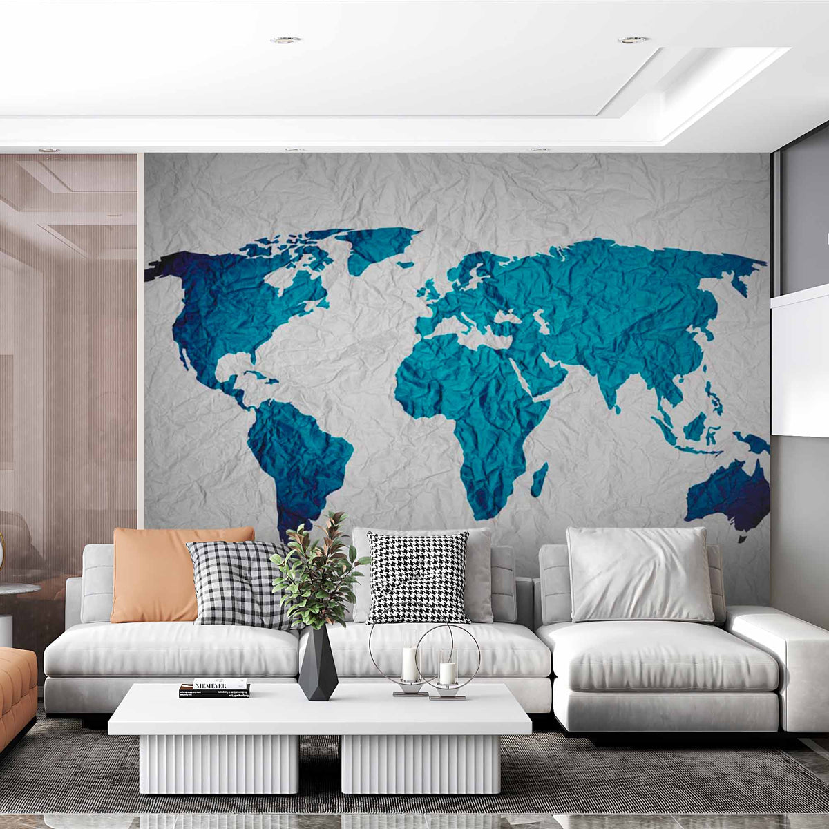 Crumpled Paper Texture World Map in Blue and White