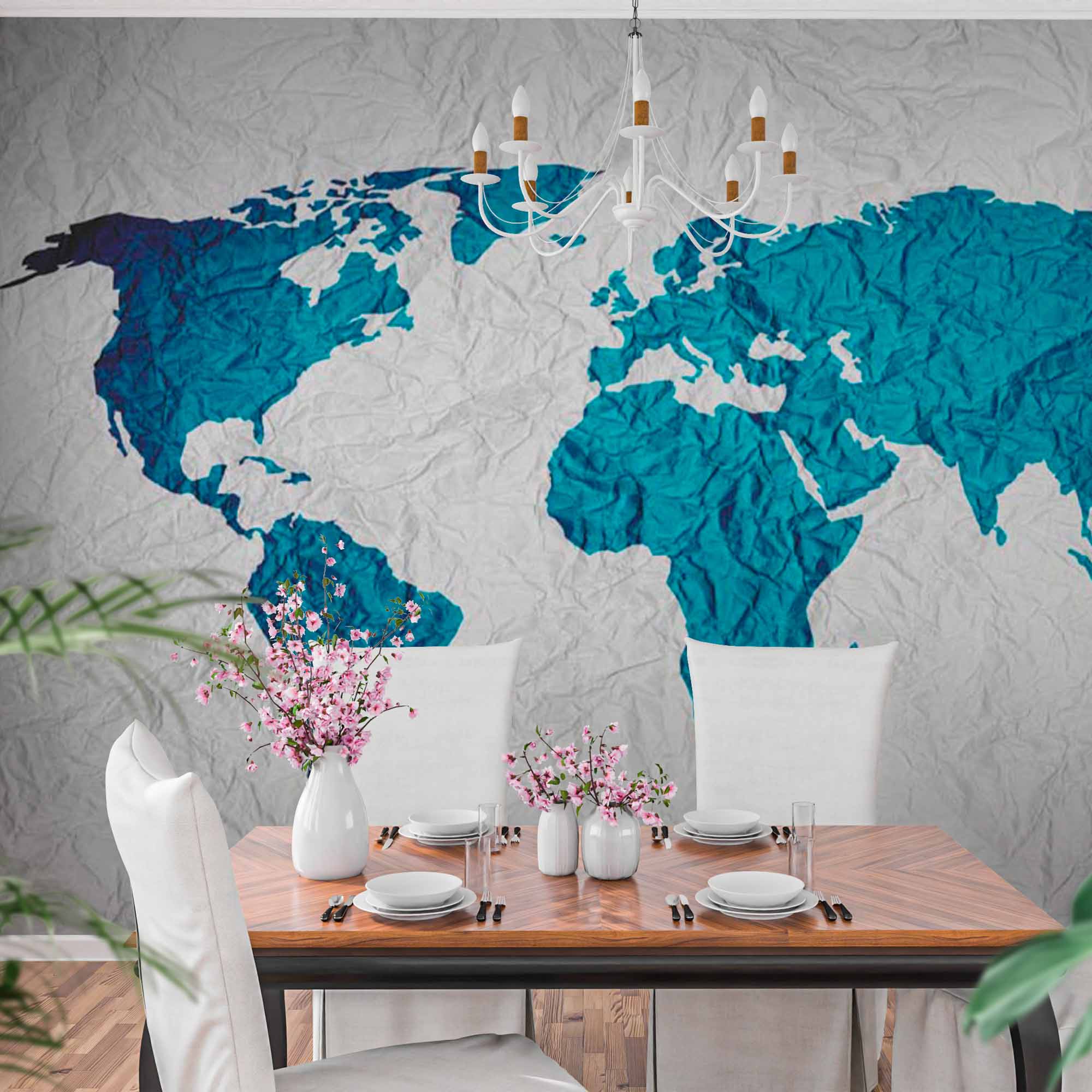 Crumpled Paper Texture World Map in Blue and White