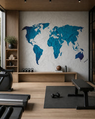 Crumpled paper world map wallpaper in a fitness studio.