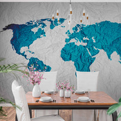 Custom Crumpled Paper Texture World Map in Blue and White