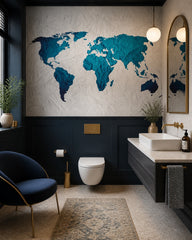 Crumpled paper world map wallpaper in a luxury bathroom.