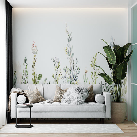 Watercolor Wildflowers and Greenery Wall Mural - Elegant Pastel Floral Wallpaper