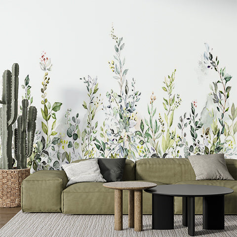 Watercolor Wildflowers and Greenery Wall Mural - Elegant Pastel Floral Wallpaper