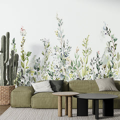 Custom Watercolor Wildflowers and Greenery Wall Mural - Elegant Pastel Floral Wallpaper