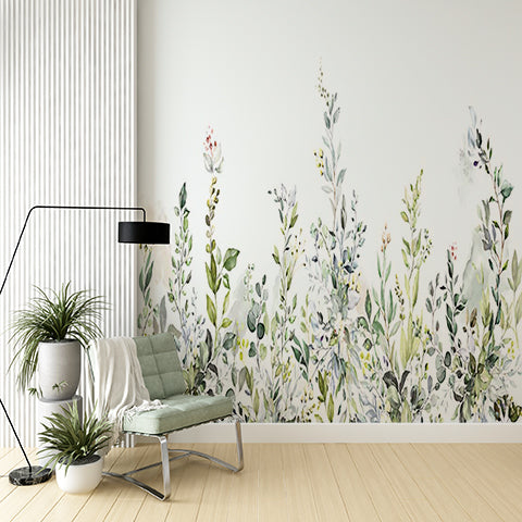 Watercolor Wildflowers and Greenery Wall Mural - Elegant Pastel Floral Wallpaper