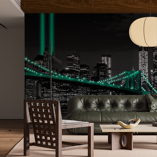 Dark Night New York City Skyline Wall Mural Green Accent Lantern Wallpaper