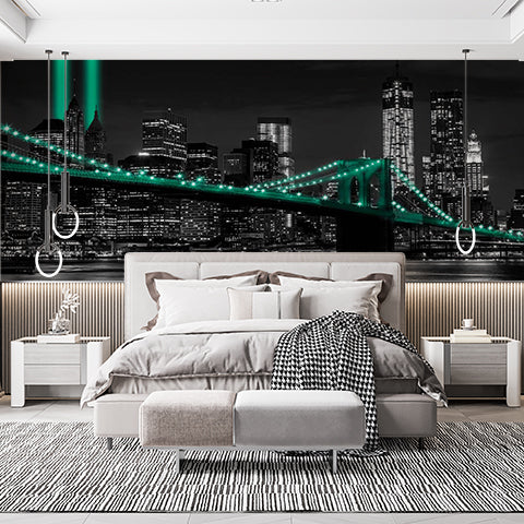 Dark Night New York City Skyline Wall Mural Green Accent Lantern Wallpaper