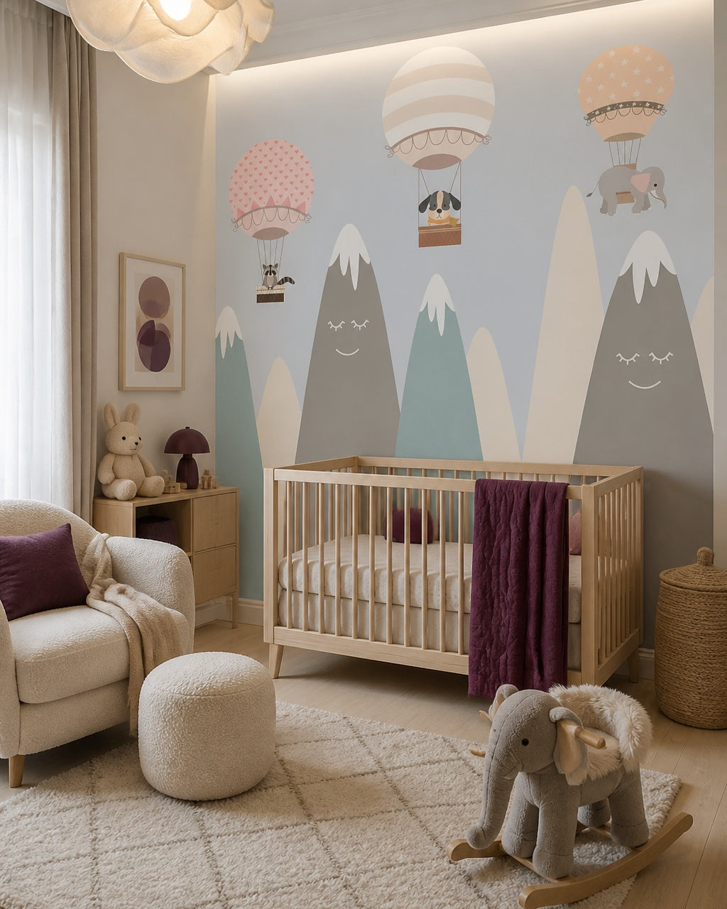 Animal balloon adventures kids room wallpaper in a modern nursery with a crib.