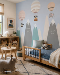 Animal balloon adventures kids room wallpaper in a toddler bedroom with a child-sized bed.
