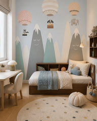 Animal balloon adventures kids room wallpaper in a girl’s bedroom.